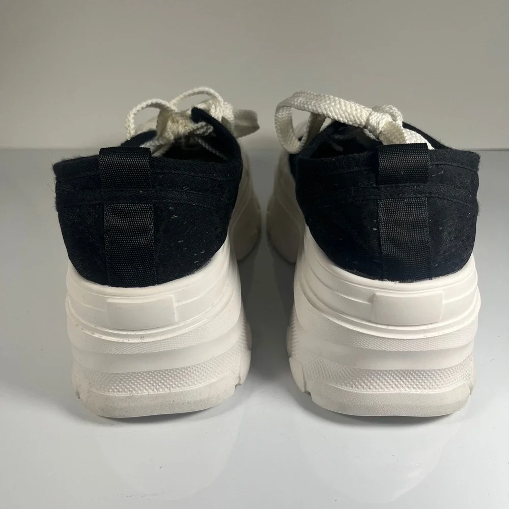 Womens Black White Platform Sneakers Chunky Sole Lace Up‎ Fashion Shoes